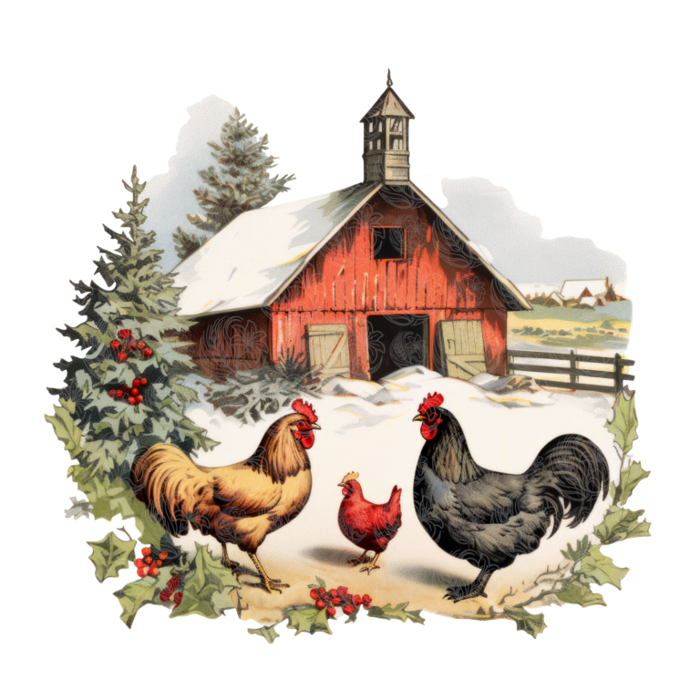 Vintage farm christmas chickens and rooster beside a snow-covered red barn with holly, Grey Barn Handwerk, Saskatchewan.
